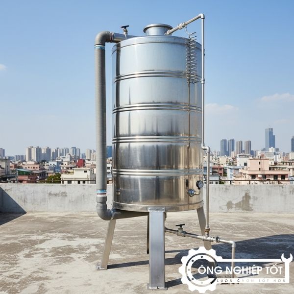 Bồn nước inox 1000L lắp đặt trên mái bê tông – Công Nghiệp Tốt